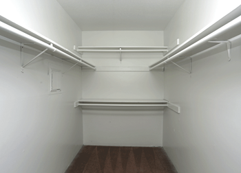 Walk in closet with hanging space higher on right and left, two shelves in the back with beige carpet on floor.